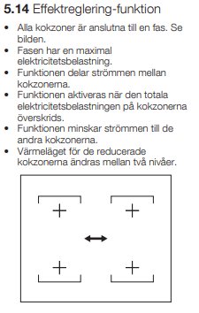 Diagram som illustrerar effektregleringsfunktion för kokzoner anslutna till enfas med instruktioner.