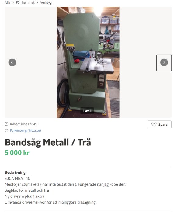 Grön bandsåg EJCA MBA -40 för metall och trä i en verkstadsmiljö.