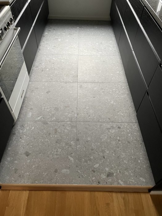 Nylagd terrazzoliknande klinkergolv i kök med svarta skåpluckor och rostfria vitvaror.
