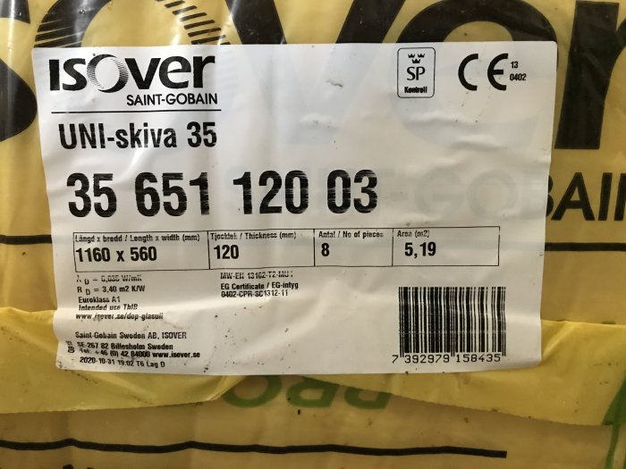 Isover UNI-skiva etikett med produktinformation och mått 1160x560x120 mm för försäljning.