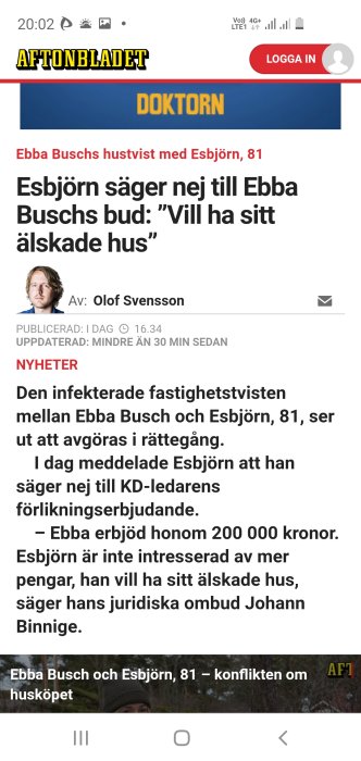 Skärmdump av en artikel från Aftonbladet om fastighetstvist mellan Ebba Busch och Esbjörn, 81.