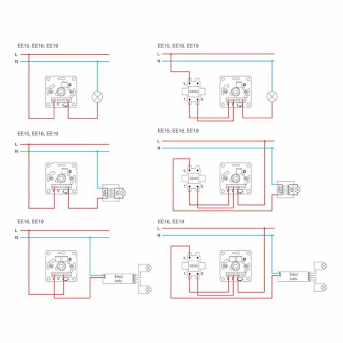 Elektriska kopplingsscheman med olika konfigurationer av strömbrytare och anslutningar.