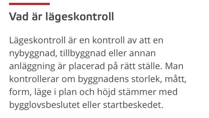 Text på skärm som förklarar lägeskontroll inom bygg och anläggning.