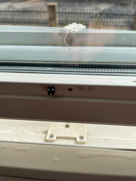 Nederkant av ett fönster med sprickor i den vitmålade färgen på trädetaljerna som visar tecken på slitage.