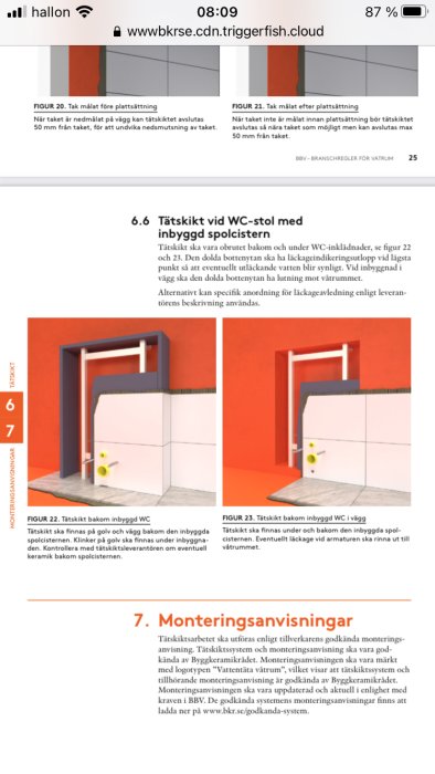 Illustration av tätskikt bakom en inbyggd WC-spolcistern, visas i två varianter med golv- och vägganslutningar.