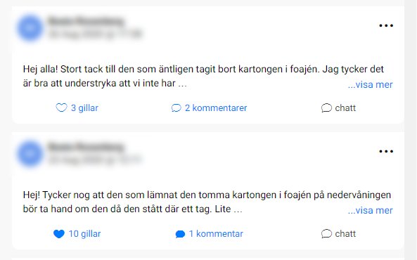 Skärmdump av två inlägg i en app där användare tackar för borttagning av kartong och diskuterar lämnad kartong i foajén.