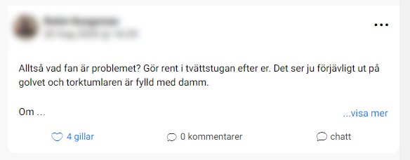 Skärmdump från diskussionsforum där en användare uttrycker frustration över städning i tvättstugan.