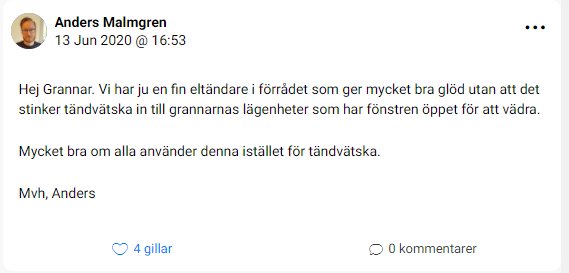 Skärmdump av foruminlägg om användning av gemensam fläkt i förråd istället för tändvätska.