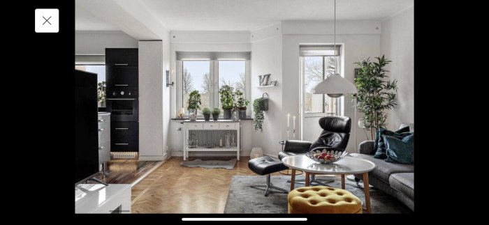 Lägenhetsvardagsrum med svart köksinredning, vit radiator under fönster med växter, och ett sittområde.