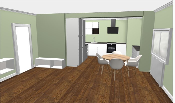 3D-visualisering av kök och matplats med vita skåp, svart ugn/fläkt, rund matbord och gröna väggar.