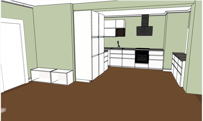 Ritning av planerad köksrenovering med vita skåp, svarta vitvaror och mörkt golv.