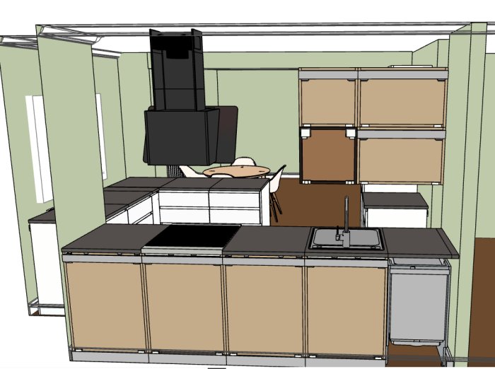 3D-ritning av ett kök med vita skåp, svart bänkskiva och inbyggda vitvaror.