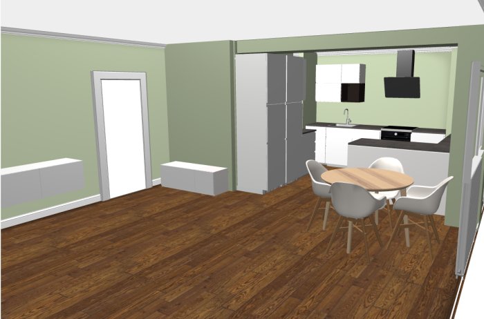 3D-visualisering av kök med gröna väggar, mörkbrunt golv, vita skåp och runt matbord.