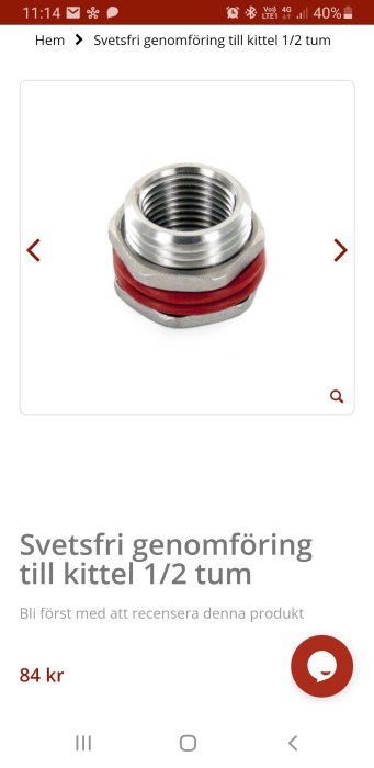 Svetsfri genomföring till kittel 1/2 tum med gängor och röd tätning.