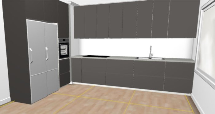 3D-ritning av ett kök med Voxtorp mörkgråa luckor, inbyggd ugn och kylskåp samt diskho under fönster.