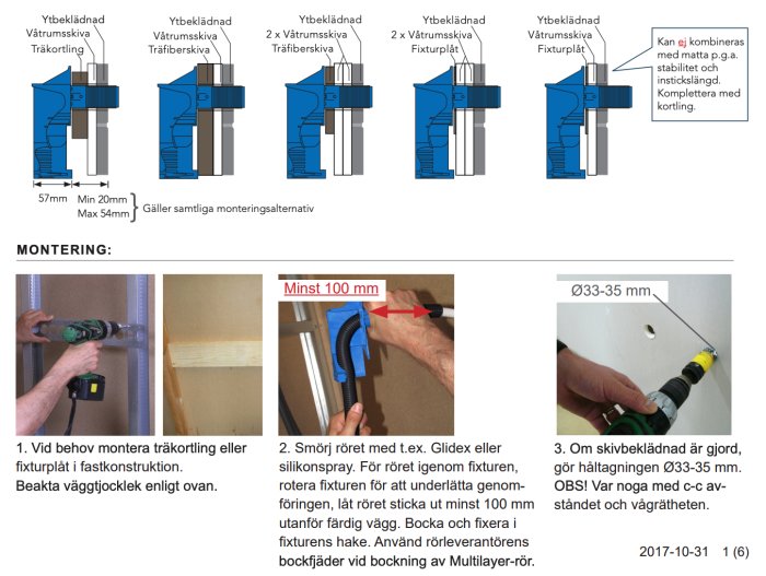 Instruktionsbilder för montering av rörgenomföring i vägg med specifika måttangivelser och rekommenderad metod.