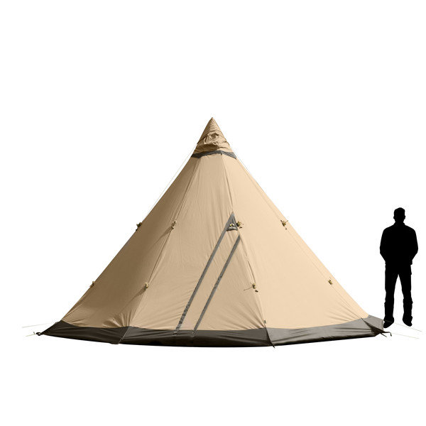 Tentipi-tält med beige duk och en silhuett av en person stående intill för skalsjälv jämförelse.