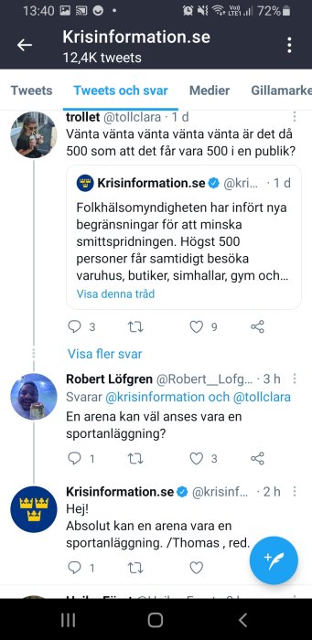 Skärmdump av Twitterkonversation om ny kapacitetsgräns för publika evenemang.