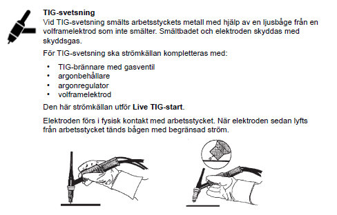 Illustrationer som visar TIG-svetsning med utrustning och TIG-bågstart.
