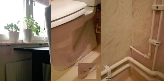 3D-utskrivna objekt: konsoltäcklock, toalettskruvskydd, rörklämmor i ett hemmiljö.