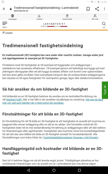 Skärmbild av Lantmäteriets webbsida om tredimensionell fastighetsindelning.