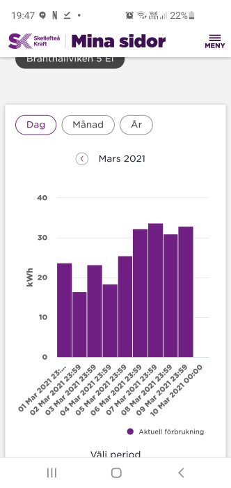 Histogram över daglig elförbrukning i kWh under början av mars från användarens elbolag.