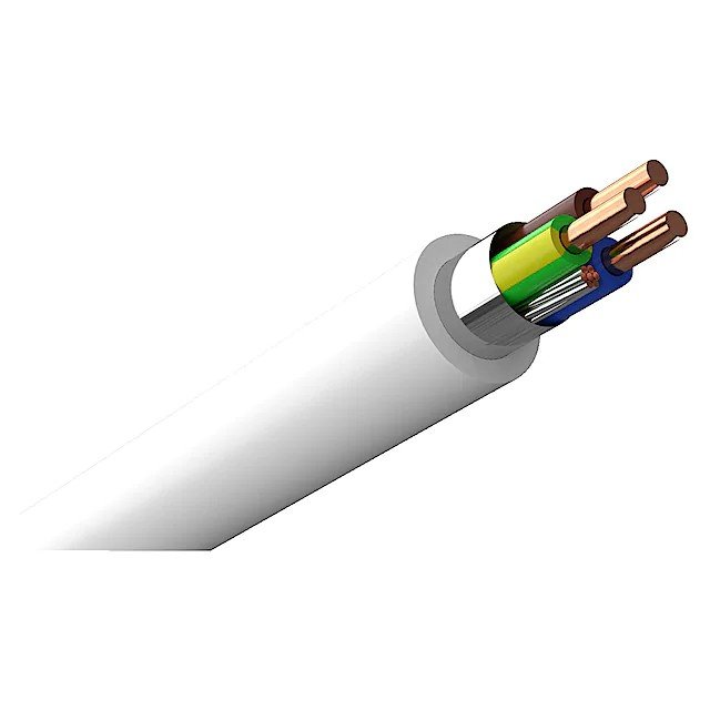 En avskalad el-kabel som visar koppartrådar i färgerna brun, blå, grön och gul/grön omslutna av aluminiummantel.
