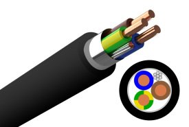 Svart elektrisk kabel avskalad för att visa koppartrådarna inuti, med detaljvy av kabeltvärsnitt.