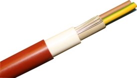 Närbild på en faluröd elektrisk kabel med flera ledare synliga.