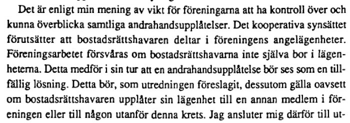 Skärmdump av text som diskuterar vikten av kontroll på andrahandsuthyrning i bostadsrättsföreningar och förslag till lagändringar.