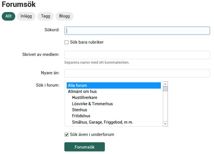 Skärmdump av en forumsöksida med fält för sökord, medlemsnamn och forumkategori-dropdown.