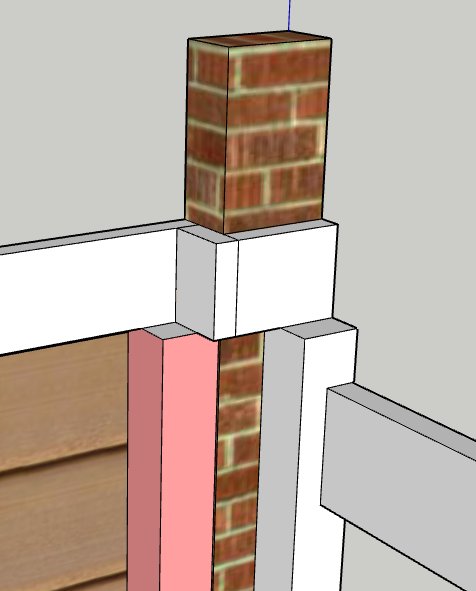 3D-modell av en altankonstruktion med detaljer av limträbalkar och en tegelstolpe.