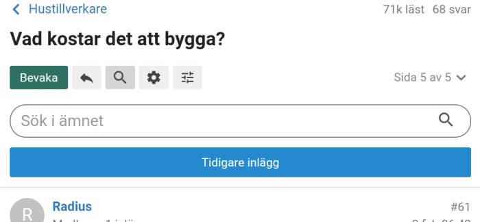 Skärmdump av forumtråd med titeln "Vad kostar det att bygga?" och ikoner, inklusive ett förstoringsglas.