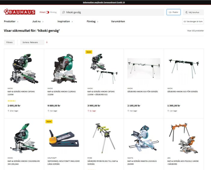 Skärmdump av Bauhaus webbsida som visar rea på Hikoki gersågar med priser och lagerstatus.