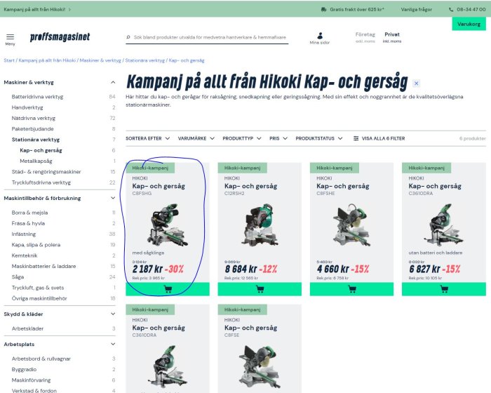 Webbsida som visar rea på Hikoki kap- och gersågar med priser och rabatter.