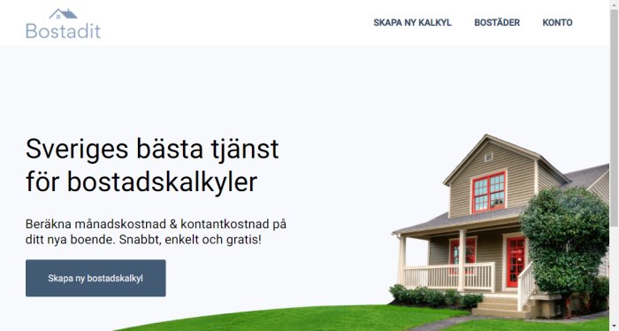 Skärmdump av webbtjänsten Bostadit.se med text om bostadskalkyler och en villa i bakgrunden.