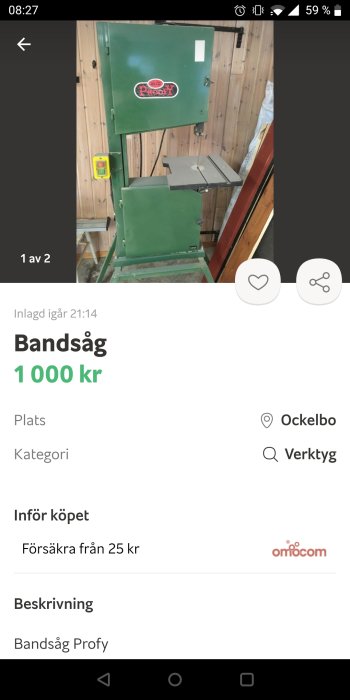 Grön bandsåg Profy mot trävägg i verkstadsmiljö.