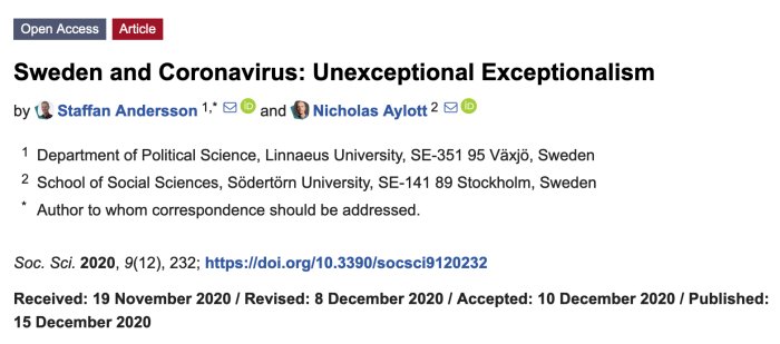 Forskningsartikelns titelsida om Sveriges hantering av coronavirus med författarnamn och publiceringsdatum.