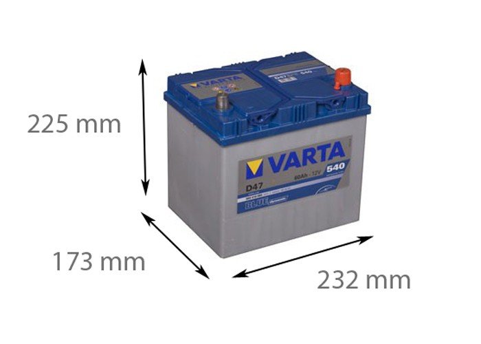 Bilbatteri av märket Varta med dimensioner angivna, saknar kabelanslutningar.