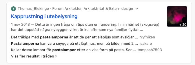 Skärmdump av ett foruminlägg med rubriken "Kapprustning i utebelysning", en förhandsgranskning av text och en bild.