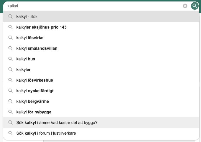 Skärmdump av en sökfunktions användargränssnitt med autosuggest-lista för termen "kalkyl".