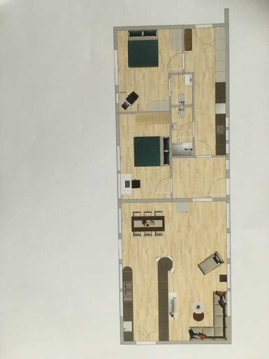 Planritning av ett enplanshus med öppen kök/vardagsrumslösning, sovrum, badrum och sydvänt terassutgång.