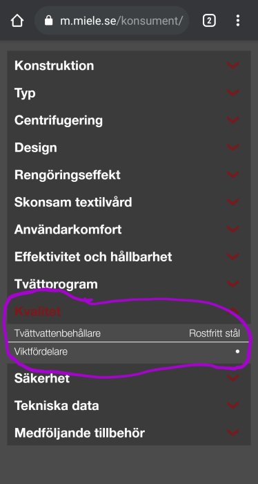 Skärmdump av Miele tvättmaskins specifikationer, markerad del om 'Kvalitet' med rostfritt ståltvättvattenbehållare.