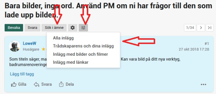 Skärmdump av diskussionsforum med menyalternativ för filtrering av inlägg markerade med röda pilar.