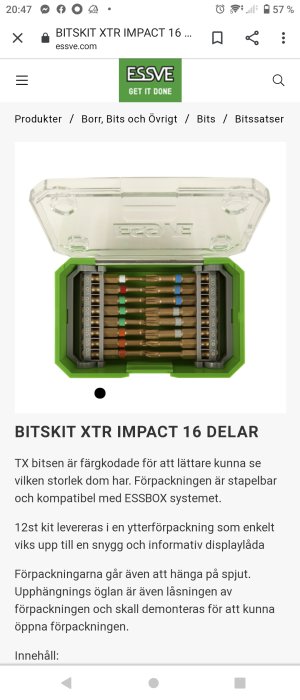 Öppen grön och transparent förpackning av Essve Bitsskit XTR Impact med 16 färgkodade bitssatser synliga.