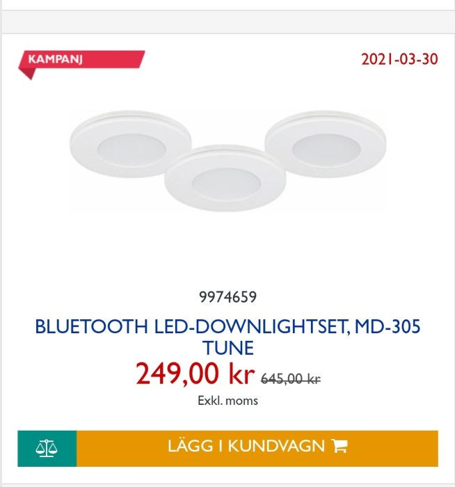 Kampanj för Bluetooth LED-downlightset MD-305 TUNE med tre vita armaturer och prisinformation.