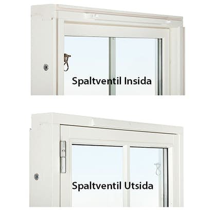 Övre bild visar ett fönster med spaltventil inuti och undre visar samma fönster med spaltventil utåt.
