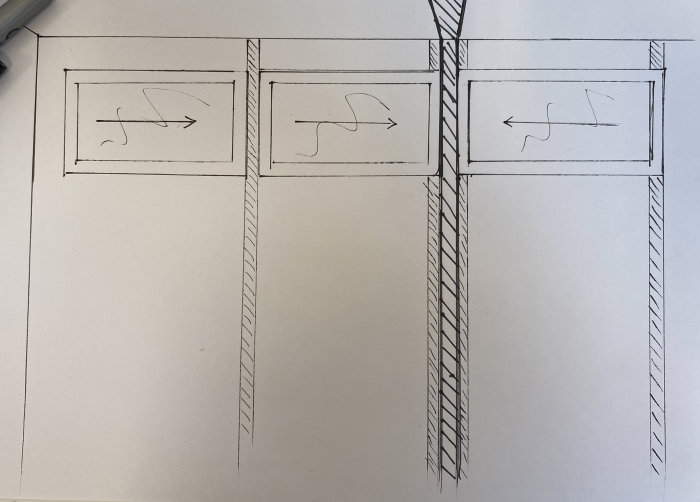 Ritning med tre Velfac fönster i rad, indikerande öppningsriktning för varje fönster.