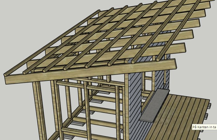 3D-modell av obehandlad trälekstuga under konstruktion med takreglar och stolpar.