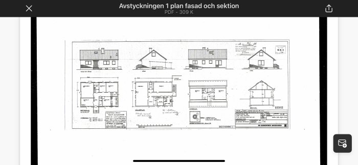 Ritningar av ett 1 1/2-plans Elementhus från 1967 med fasadvyer och sektioner.